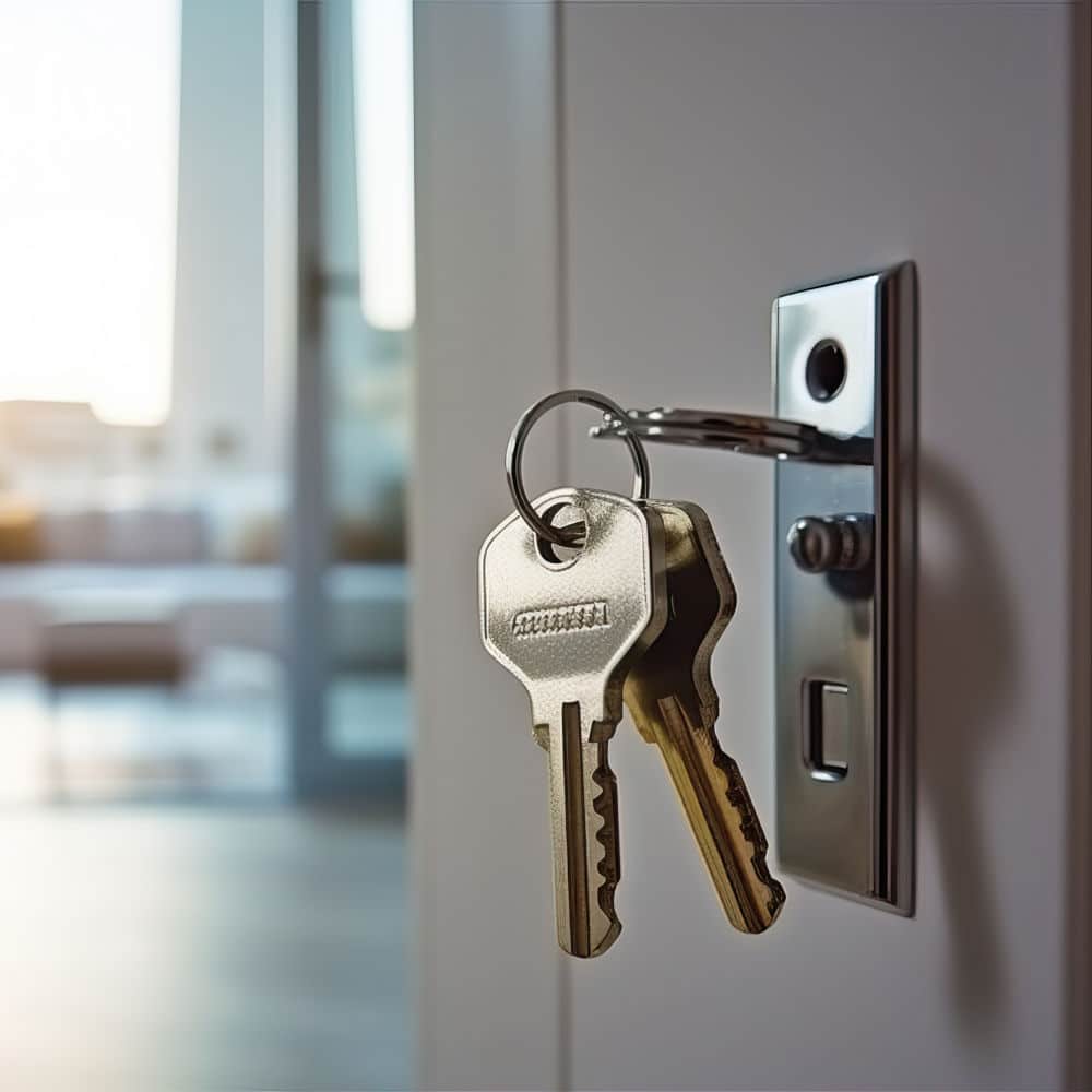 Keys hanging on a door, representing the keys to a new home or property