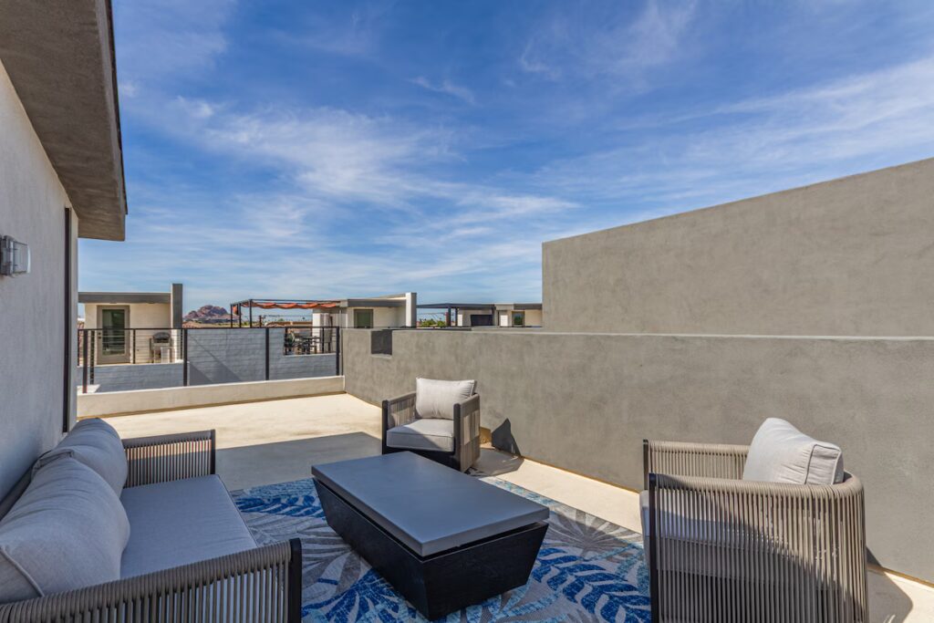 Private rooftop lounge with outdoor seating at Modern Luxury at SkySong townhouse in Scottsdale